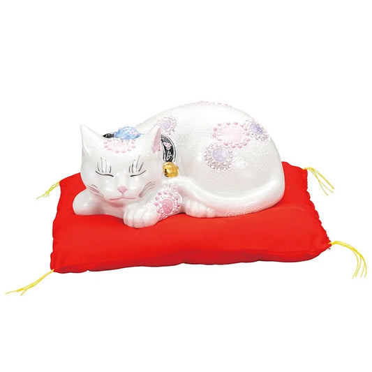 Kutani Yaki(ware) Japanese Maneki-Neko (Beckoning Cat) Figure - Sleeping / Purple Flower -, Japanese lucky cat figure