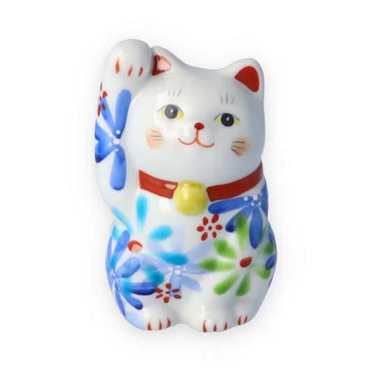 Kutani Yaki(ware) Japanese Maneki-Neko (Beckoning Cat) Figure - Flower / Blue -, Japanese lucky cat figure
