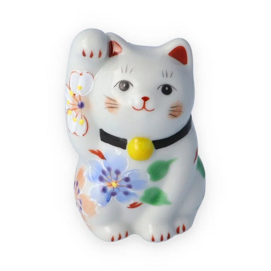 Kutani Yaki(ware) Japanese Maneki-Neko (Beckoning Cat) Figure - Flower / Blue -, Japanese lucky cat figure