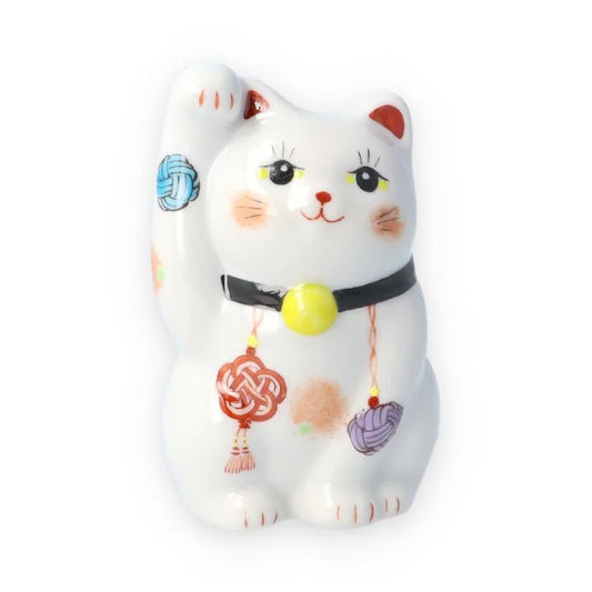 Kutani Yaki(ware) Japanese Maneki-Neko (Beckoning Cat) Figure - Mizuhiki(Traditional Japanese Decorative Knot Tying) / Black -, Japanese lucky cat figure