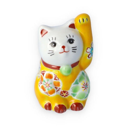 Kutani Yaki(ware) Japanese Maneki-Neko (Beckoning Cat) Figure - Cherry Blossom / Yellow -, Japanese lucky cat figure