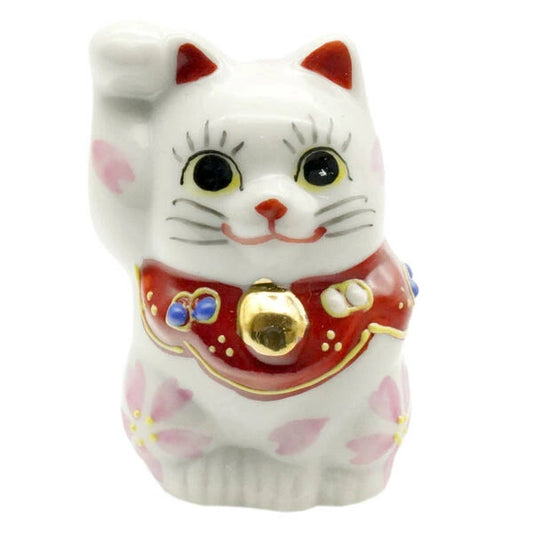 Kutani Yaki(ware) Japanese Mini Maneki-Neko (Beckoning Cat) Figure - Cherry Blossom / Pink / Right Hand -, Japanese lucky cat figure