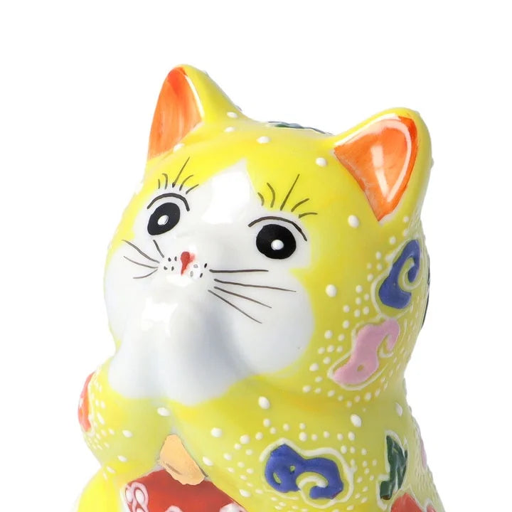 Kutani Yaki(ware) Japanese Maneki-Neko (Beckoning Cat) Figure - Praying / Yellow -, Japanese lucky cat figure