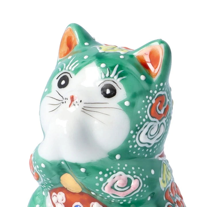 Kutani Yaki(ware) Japanese Maneki-Neko (Beckoning Cat) Figure - Praying / Green -, Japanese lucky cat figure