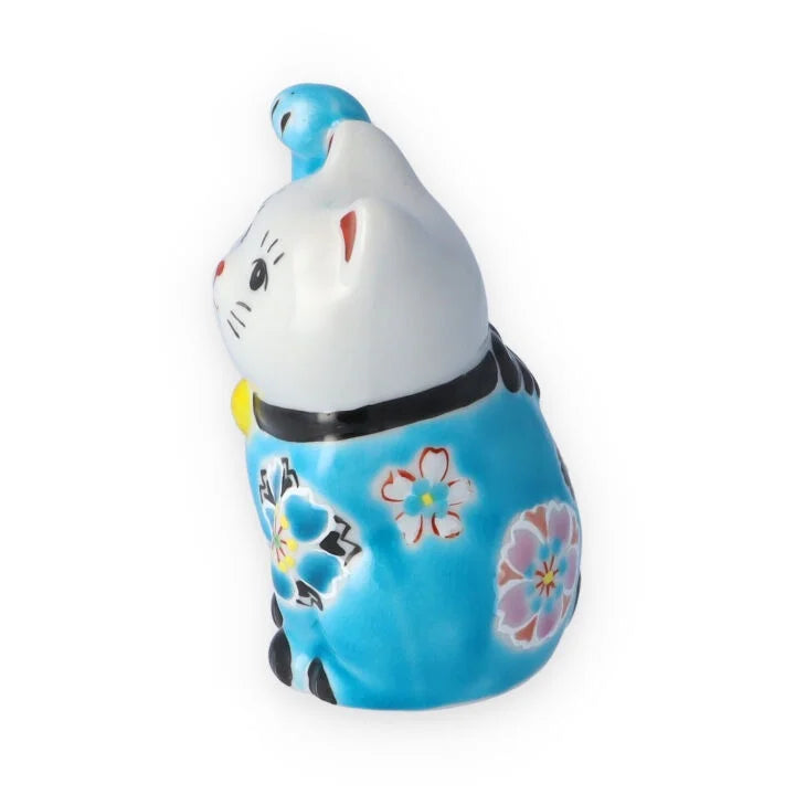 Kutani Yaki(ware) Japanese Maneki-Neko (Beckoning Cat) Figure - Cherry Blossom / Blue -, Japanese lucky cat figure