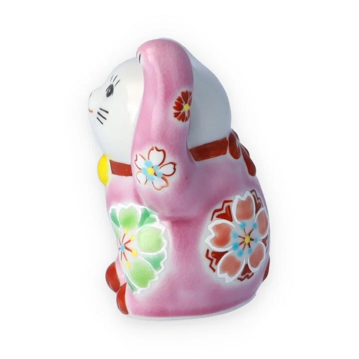 Kutani Yaki(ware) Japanese Maneki-Neko (Beckoning Cat) Figure - Cherry Blossom / Pink -, Japanese lucky cat figure