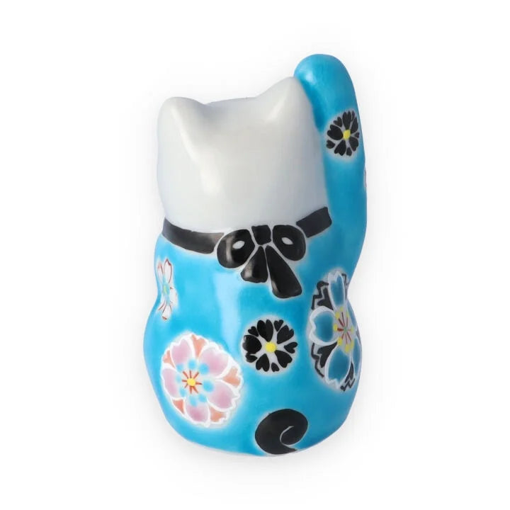 Kutani Yaki(ware) Japanese Maneki-Neko (Beckoning Cat) Figure - Cherry Blossom / Blue -, Japanese lucky cat figure