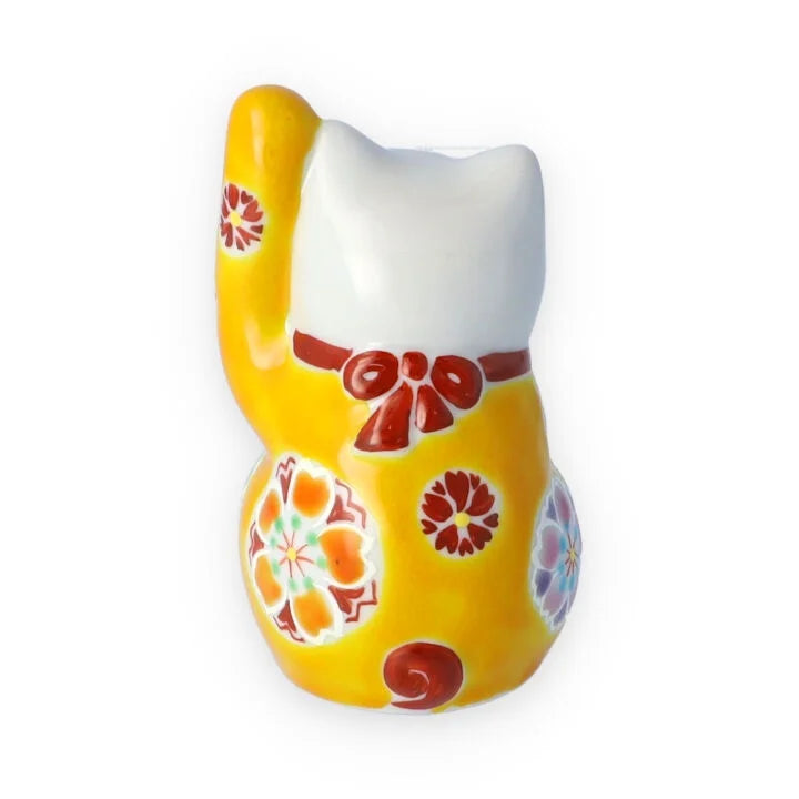 Kutani Yaki(ware) Japanese Maneki-Neko (Beckoning Cat) Figure - Cherry Blossom / Yellow -, Japanese lucky cat figure