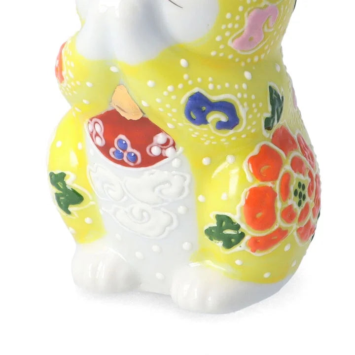 Kutani Yaki(ware) Japanese Maneki-Neko (Beckoning Cat) Figure - Praying / Yellow -, Japanese lucky cat figure