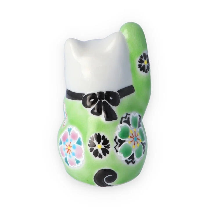 Kutani Yaki(ware) Japanese Maneki-Neko (Beckoning Cat) Figure - Cherry Blossom / Green -, Japanese lucky cat figure