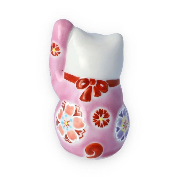 Kutani Yaki(ware) Japanese Maneki-Neko (Beckoning Cat) Figure - Cherry Blossom / Pink -, Japanese lucky cat figure