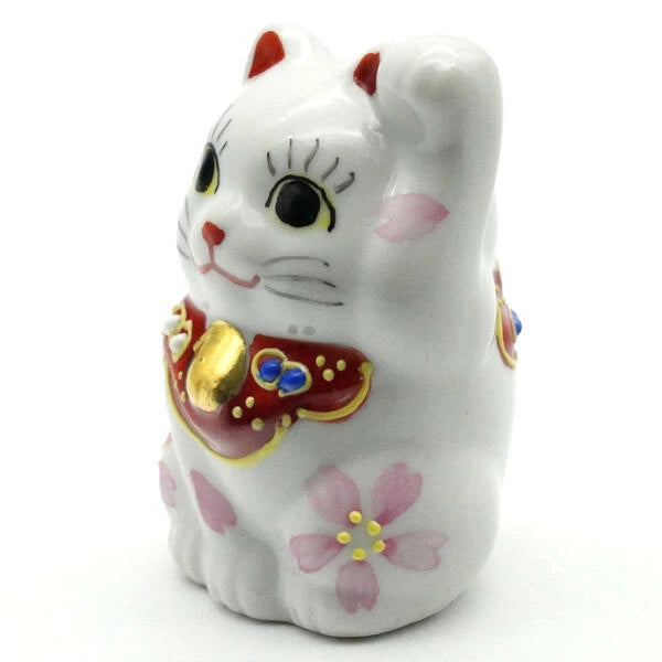 Kutani Yaki(ware) Japanese Mini Maneki-Neko (Beckoning Cat) Figure - Cherry Blossom / Pink / Left Hand -, Japanese lucky cat figure