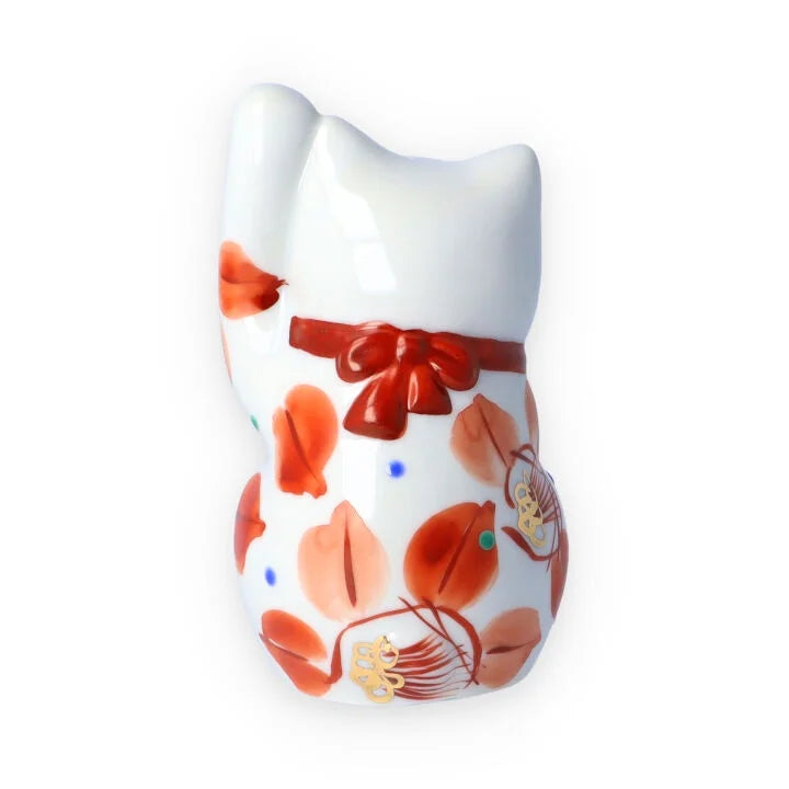 Kutani Yaki(ware) Japanese Maneki-Neko (Beckoning Cat) Figure - Camellia / Red -, Japanese lucky cat figure