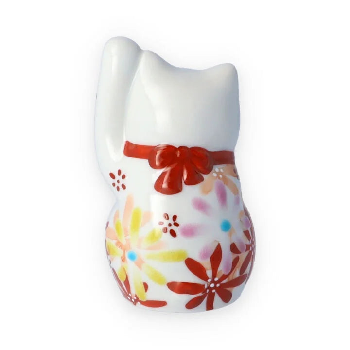 Kutani Yaki(ware) Japanese Maneki-Neko (Beckoning Cat) Figure - Flower / Red -, Japanese lucky cat figure