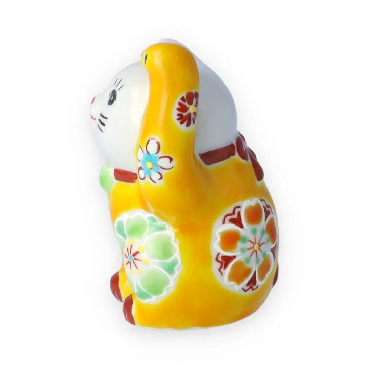 Kutani Yaki(ware) Japanese Maneki-Neko (Beckoning Cat) Figure - Cherry Blossom / Yellow -, Japanese lucky cat figure