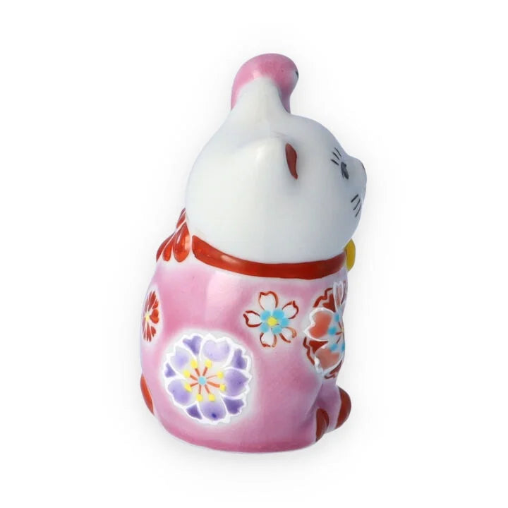 Kutani Yaki(ware) Japanese Maneki-Neko (Beckoning Cat) Figure - Cherry Blossom / Pink -, Japanese lucky cat figure