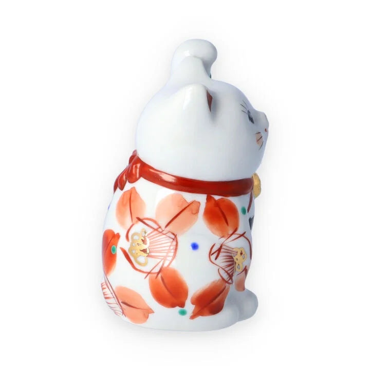 Kutani Yaki(ware) Japanese Maneki-Neko (Beckoning Cat) Figure - Camellia / Red -, Japanese lucky cat figure