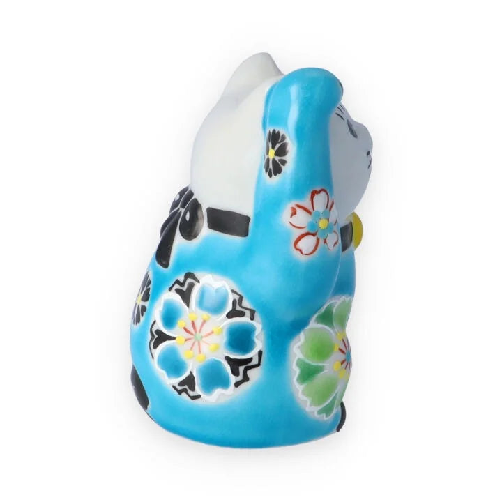Kutani Yaki(ware) Japanese Maneki-Neko (Beckoning Cat) Figure - Cherry Blossom / Blue -, Japanese lucky cat figure