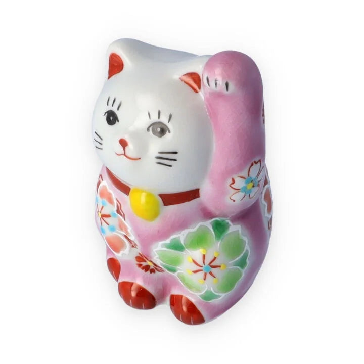 Kutani Yaki(ware) Japanese Maneki-Neko (Beckoning Cat) Figure - Cherry Blossom / Pink -, Japanese lucky cat figure