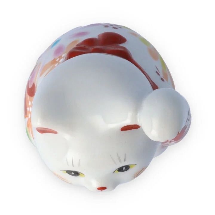 Kutani Yaki(ware) Japanese Maneki-Neko (Beckoning Cat) Figure - Flower / Red -, Japanese lucky cat figure