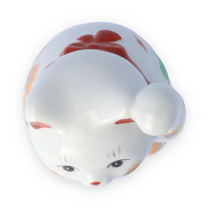 Kutani Yaki(ware) Japanese Maneki-Neko (Beckoning Cat) Figure - Flower / Red -, Japanese lucky cat figure