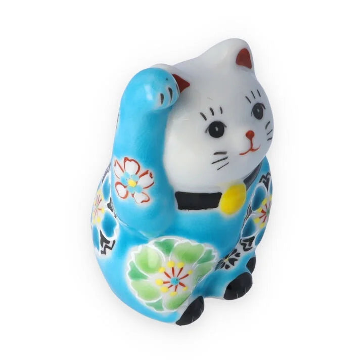 Kutani Yaki(ware) Japanese Maneki-Neko (Beckoning Cat) Figure - Cherry Blossom / Blue -, Japanese lucky cat figure