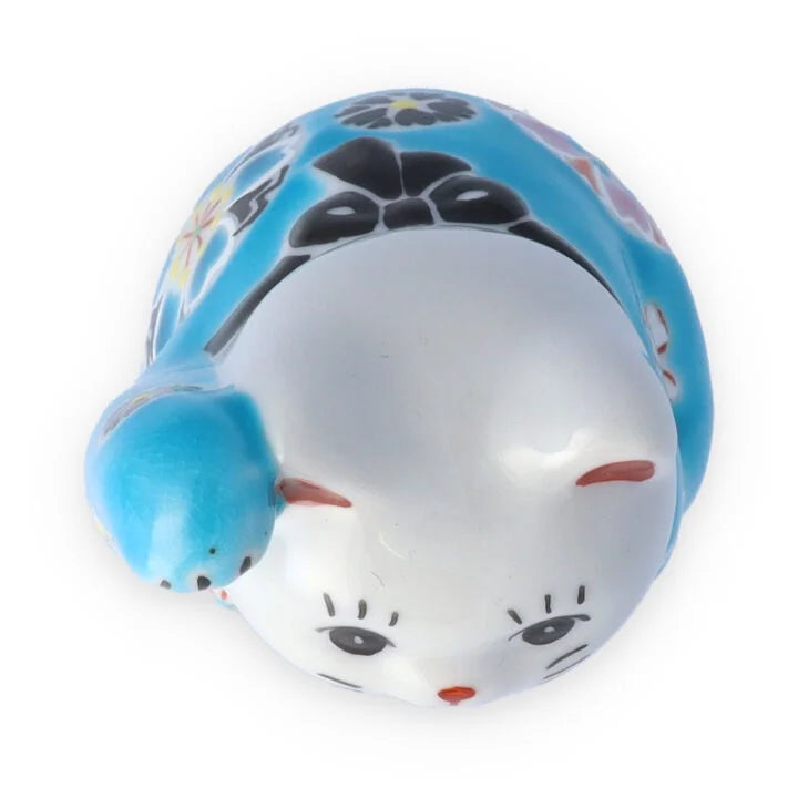 Kutani Yaki(ware) Japanese Maneki-Neko (Beckoning Cat) Figure - Cherry Blossom / Blue -, Japanese lucky cat figure