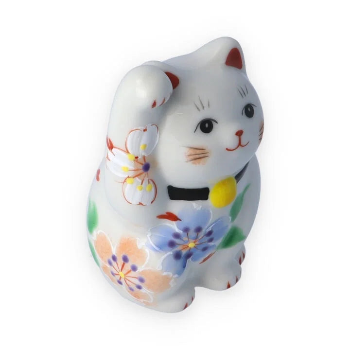 Kutani Yaki(ware) Japanese Maneki-Neko (Beckoning Cat) Figure - Flower / Blue -, Japanese lucky cat figure