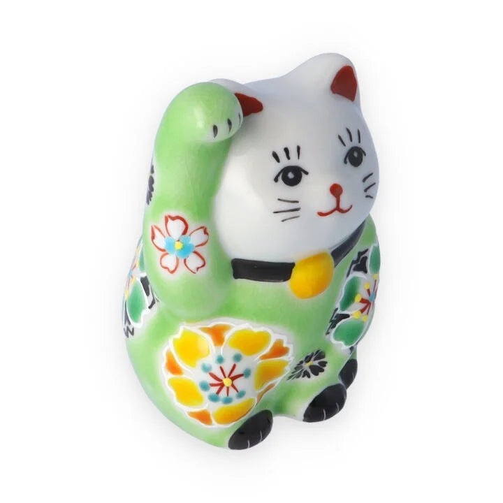 Kutani Yaki(ware) Japanese Maneki-Neko (Beckoning Cat) Figure - Cherry Blossom / Green -, Japanese lucky cat figure