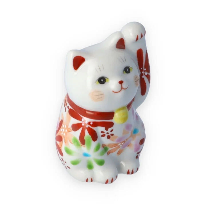 Kutani Yaki(ware) Japanese Maneki-Neko (Beckoning Cat) Figure - Flower / Red -, Japanese lucky cat figure