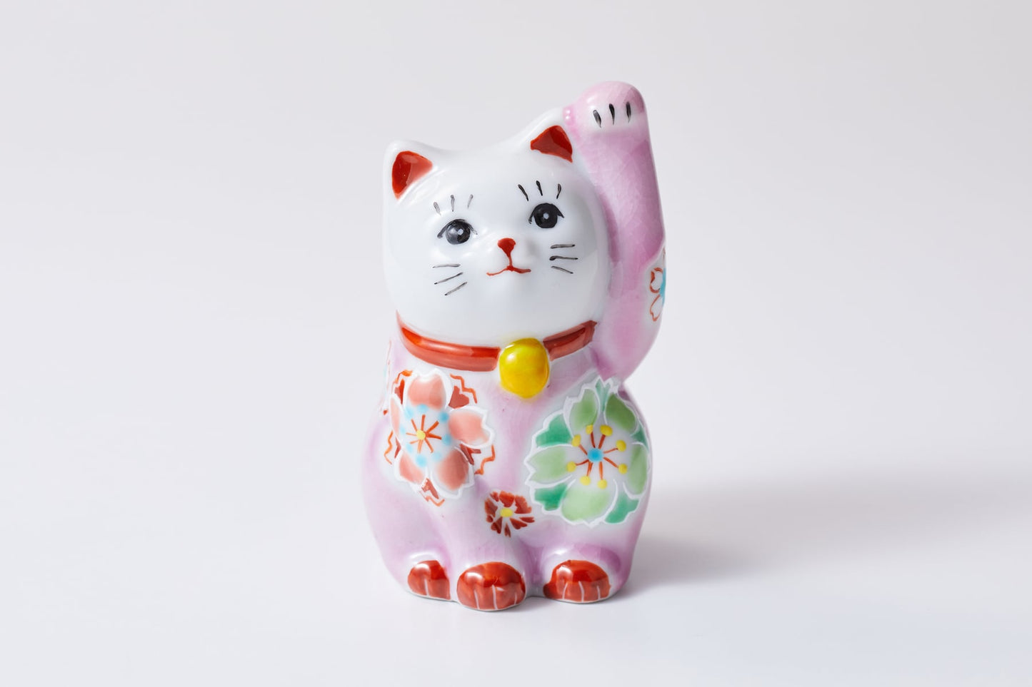 Kutani Yaki(ware) Japanese Maneki-Neko (Beckoning Cat) Figure - Cherry Blossom / Pink -, Japanese lucky cat figure