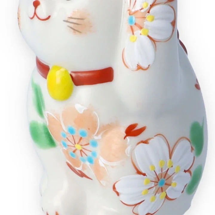Kutani Yaki(ware) Japanese Maneki-Neko (Beckoning Cat) Figure - Flower / Red -, Japanese lucky cat figure