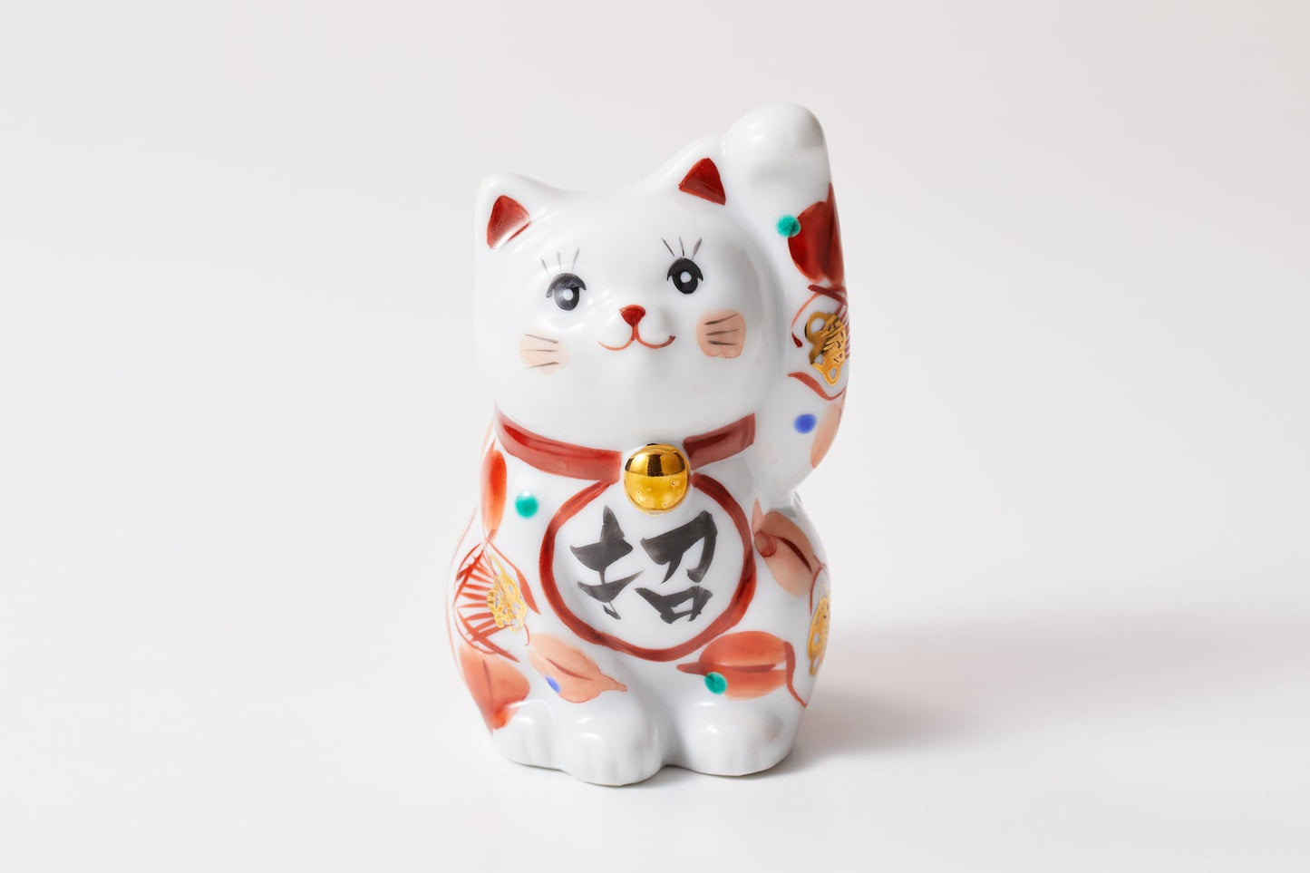 Kutani Yaki(ware) Japanese Maneki-Neko (Beckoning Cat) Figure - Camellia / Red -, Japanese lucky cat figure