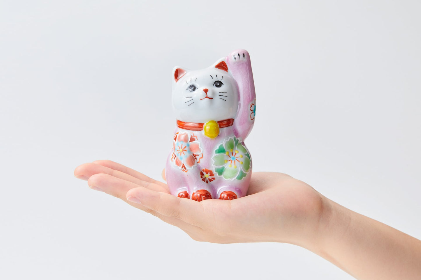 Kutani Yaki(ware) Japanese Maneki-Neko (Beckoning Cat) Figure - Cherry Blossom / Pink -, Japanese lucky cat figure