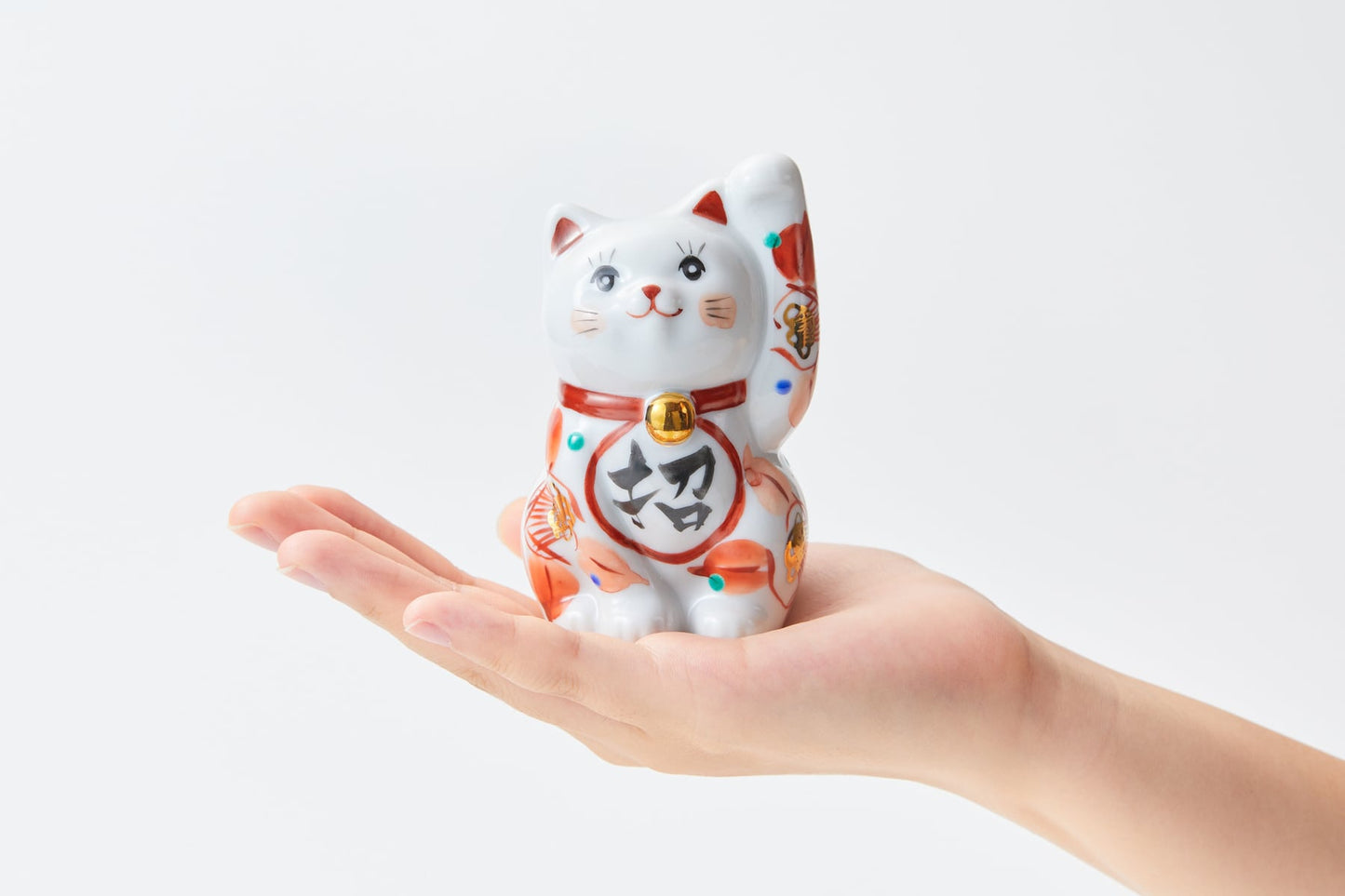 Kutani Yaki(ware) Japanese Maneki-Neko (Beckoning Cat) Figure - Camellia / Red -, Japanese lucky cat figure