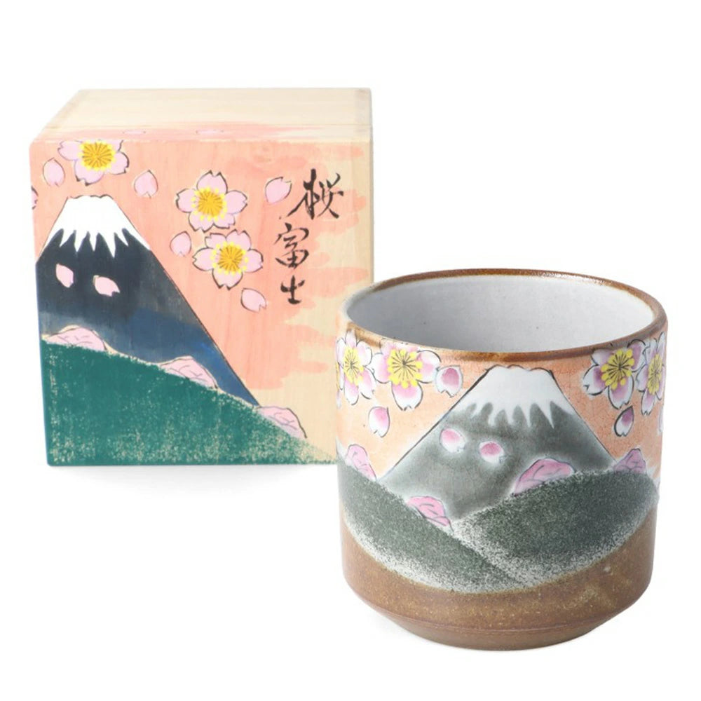Kutani Yaki(ware) Japanese Yunomi Teacup - Cherry Blossom and Mt. Fuji -