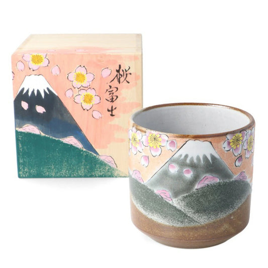 Kutani Yaki(ware) Japanese Yunomi Teacup - Cherry Blossom and Mt. Fuji -