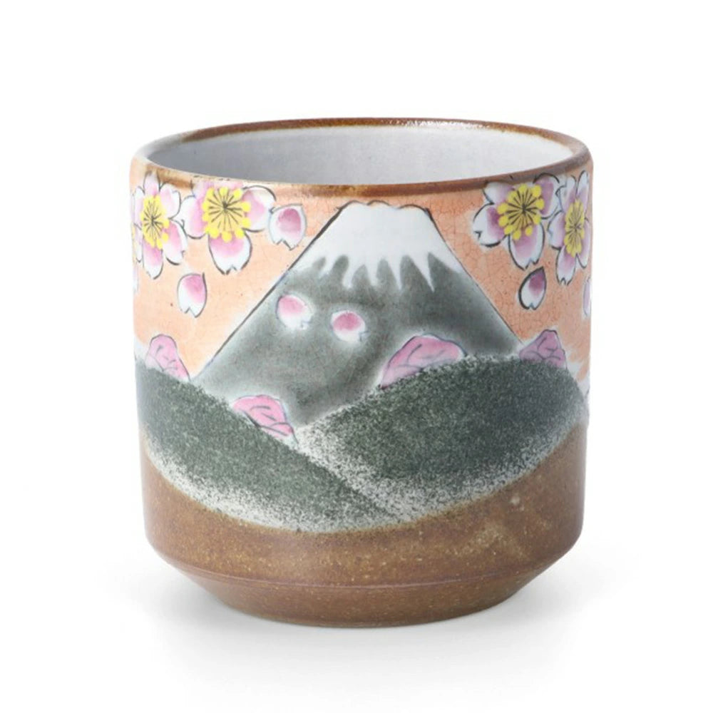 Kutani Yaki(ware) Japanese Yunomi Teacup - Cherry Blossom and Mt. Fuji -