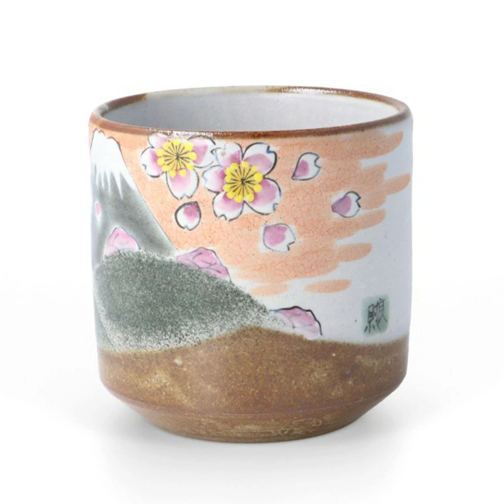 Kutani Yaki(ware) Japanese Yunomi Teacup - Cherry Blossom and Mt. Fuji -