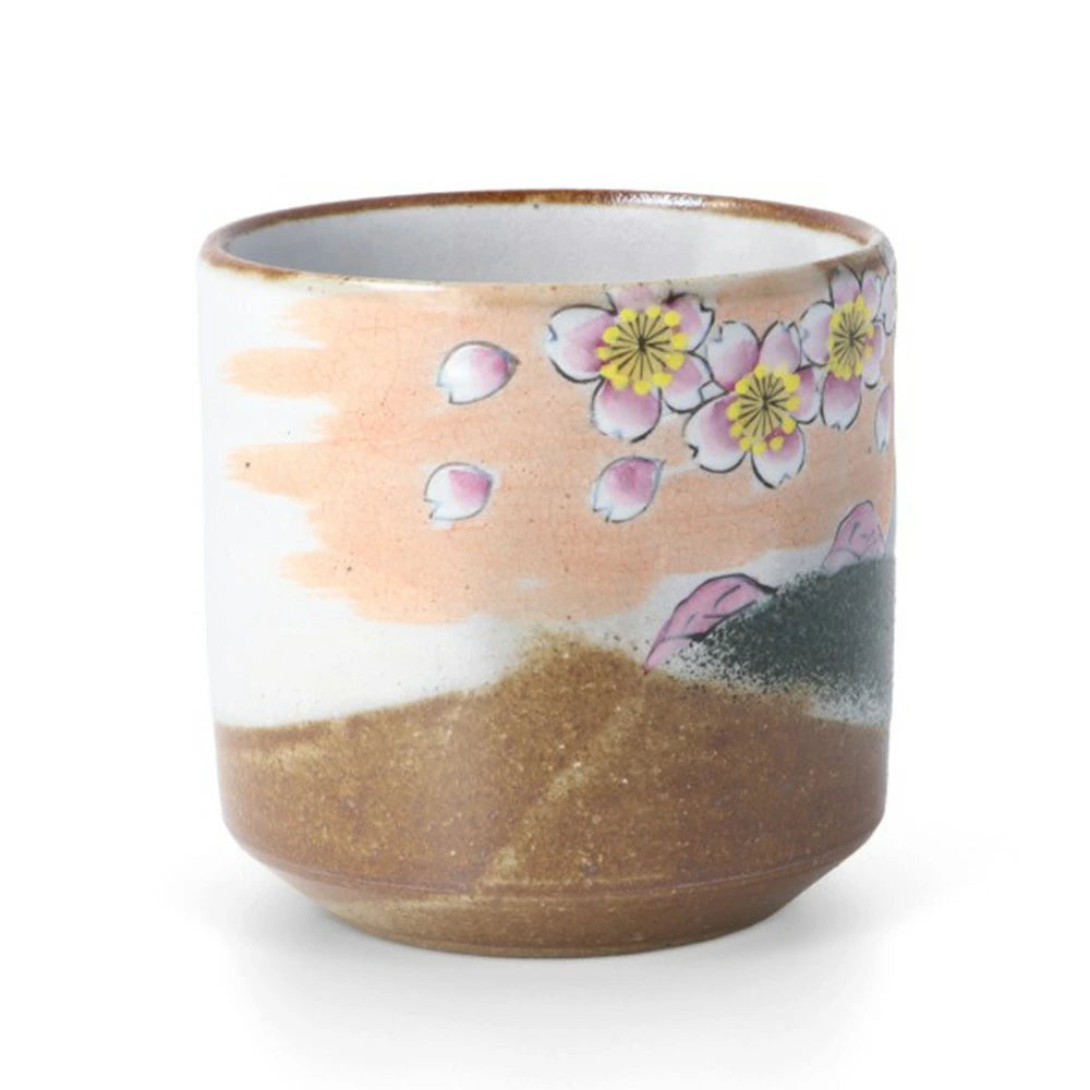 Kutani Yaki(ware) Japanese Yunomi Teacup - Cherry Blossom and Mt. Fuji -