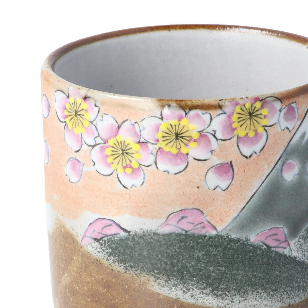 Kutani Yaki(ware) Japanese Yunomi Teacup - Cherry Blossom and Mt. Fuji -