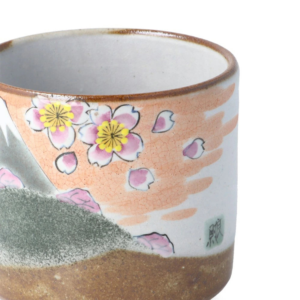 Kutani Yaki(ware) Japanese Yunomi Teacup - Cherry Blossom and Mt. Fuji -