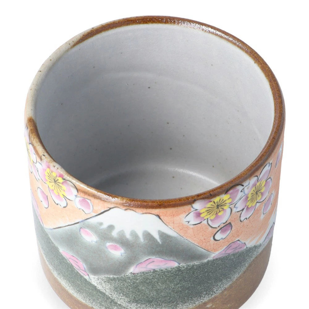 Kutani Yaki(ware) Japanese Yunomi Teacup - Cherry Blossom and Mt. Fuji -
