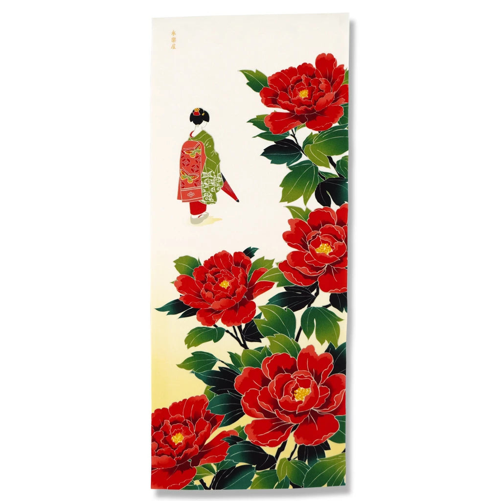 Kyo-Yuzen Dyeing Tenugui Towel (Japanese Hand Towel) - Japanese Maiko and Peony -, Made in Kyoto, Japan