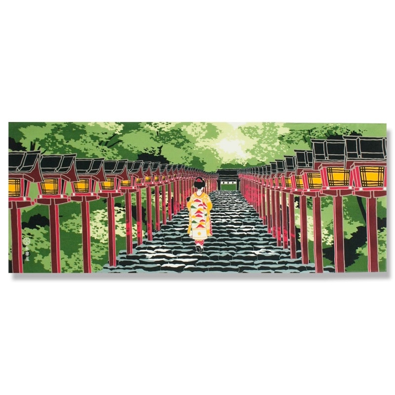 Kyo-Yuzen Dyeing Tenugui Towel (Japanese Hand Towel) - Japanese Maiko and Lantern -, Made in Kyoto, Japan