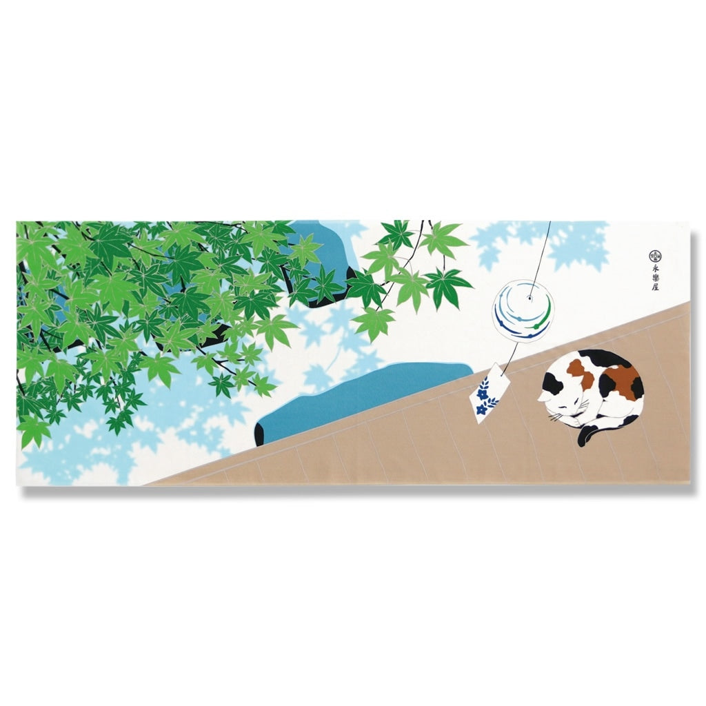 Kyo-Yuzen Dyeing Tenugui Towel (Japanese Hand Towel) - Cat and Green Maple Leaves -, Made in Kyoto, Japan