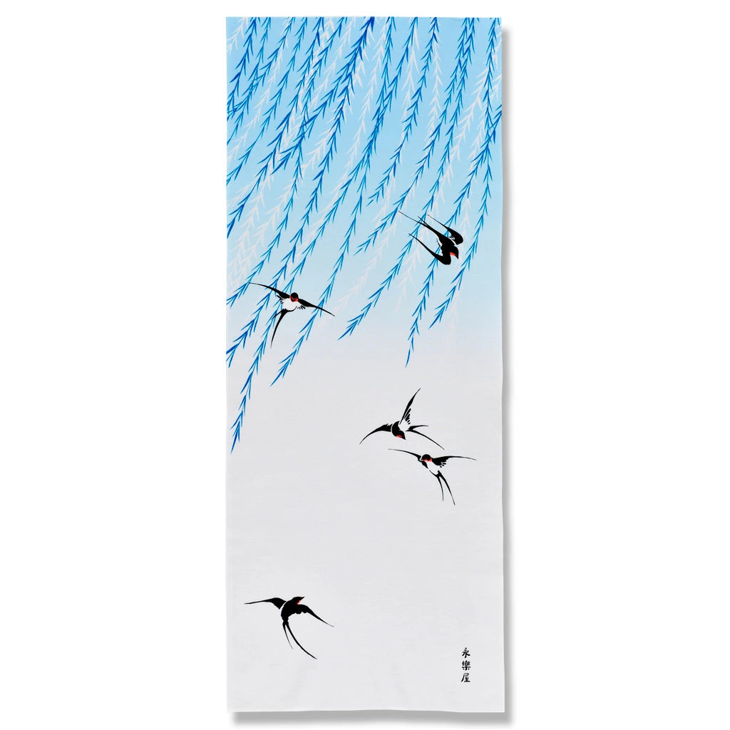 Kyo-Yuzen Dyeing Tenugui Towel (Japanese Hand Towel) - Swallow and Willow -, Made in Kyoto, Japan