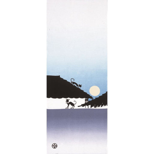 Kyo-Yuzen Dyeing Tenugui Towel (Japanese Hand Towel) - Cat and Full Moon -, Made in Kyoto, Japan