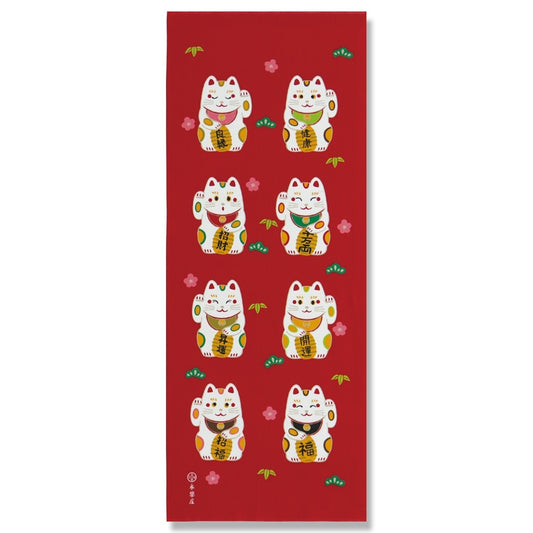 Kyo-Yuzen Dyeing Tenugui Towel (Japanese Hand Towel) - Japanese Maneki-Neko (Beckoning Cat) -, Made in Kyoto, Japan