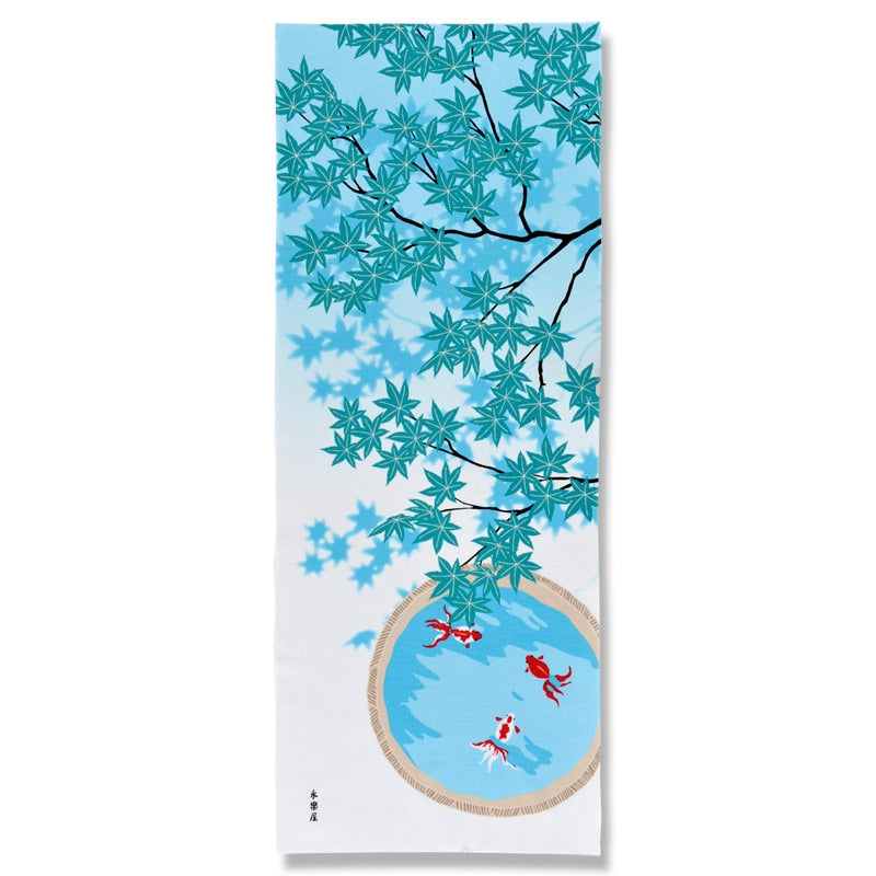 Kyo-Yuzen Dyeing Tenugui Towel (Japanese Hand Towel) - Goldfish and Green Maple Leaves -, Made in Kyoto, Japan